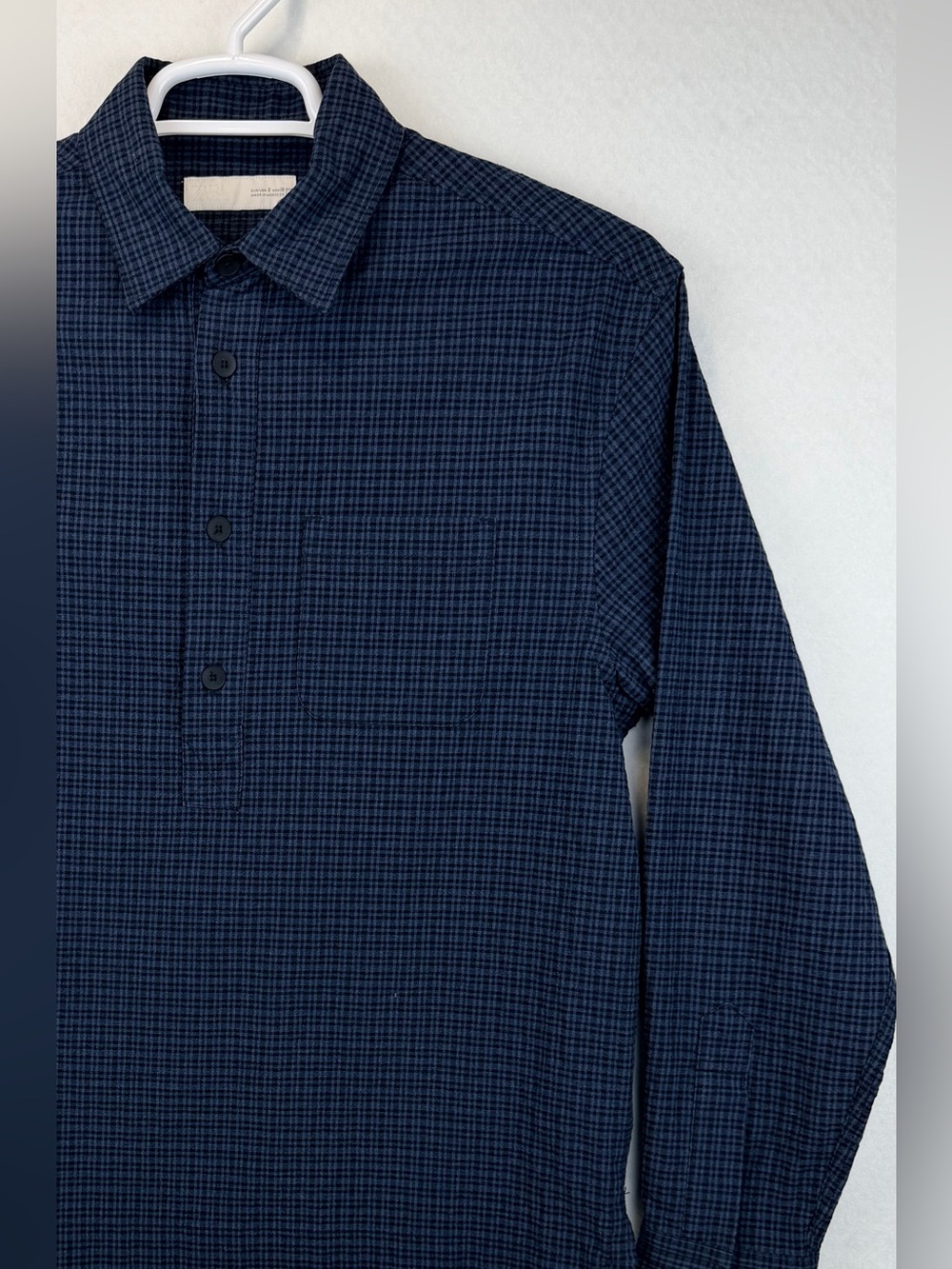 Zara Men's Navy and Charcoal Checked Button-Down Shirt